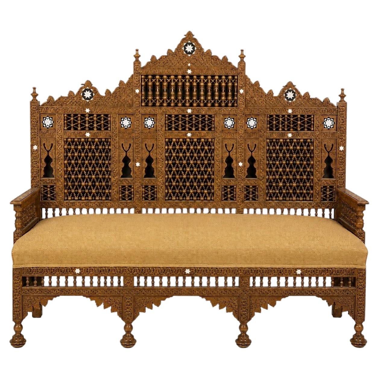 Early 20th Century Middle Eastern Carved Walnut Mashrabiya Settee, 1920s–1930s