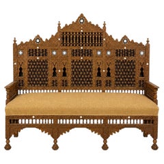 Early 20th Century Middle Eastern Carved Walnut Mashrabiya Settee, 1920s–1930s