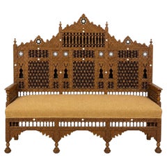Early 20th Century Middle Eastern Carved Walnut Mashrabiya Settee, 1920s–1930s