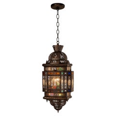 Vintage Moroccan Moorish Bronze Metal & Multicolor Glass Hanging Lantern