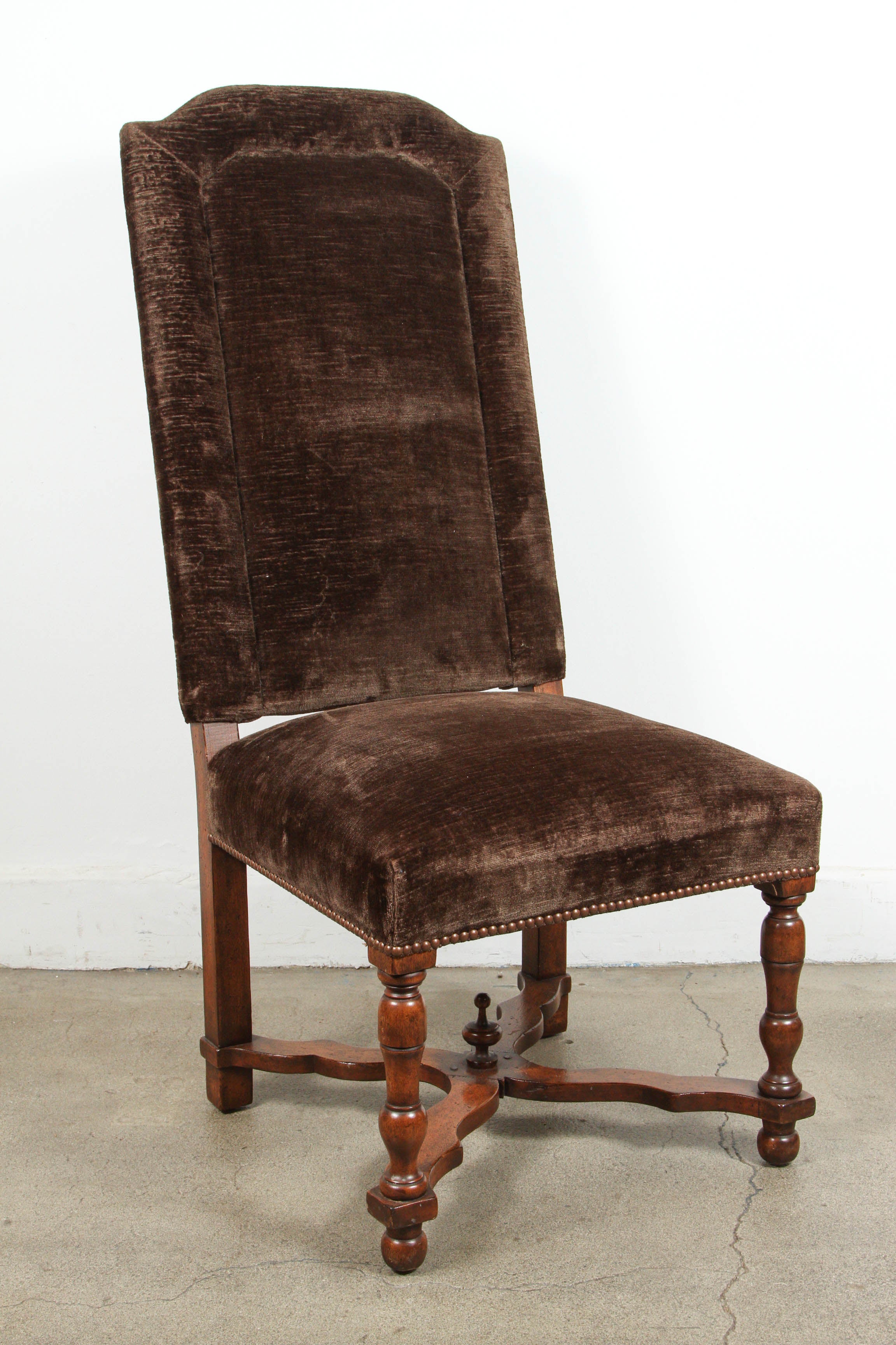 Set of 12 High Back Brown Velvet Spanish Dining Chairs