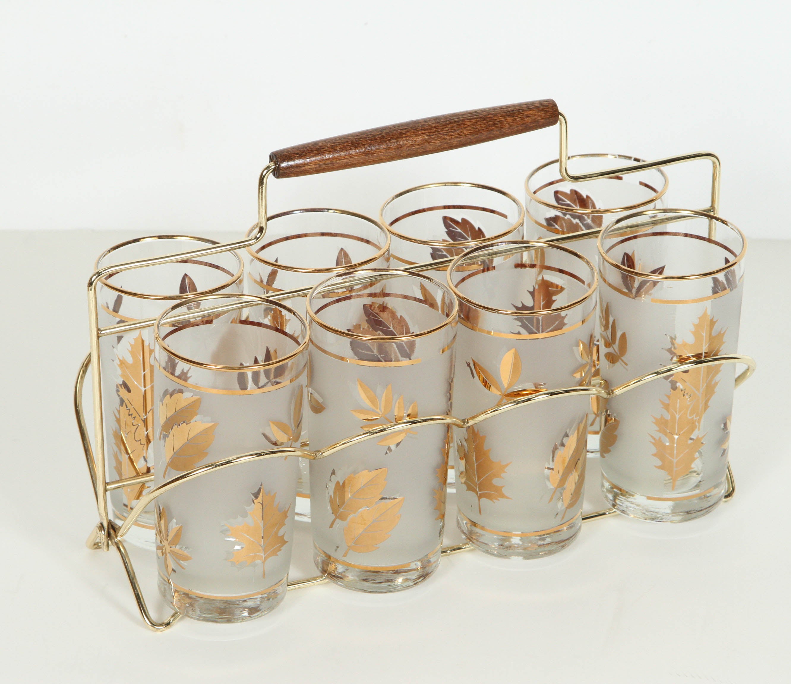 Set of Eight Mid-Century Libbey Glasses in Brass Cart