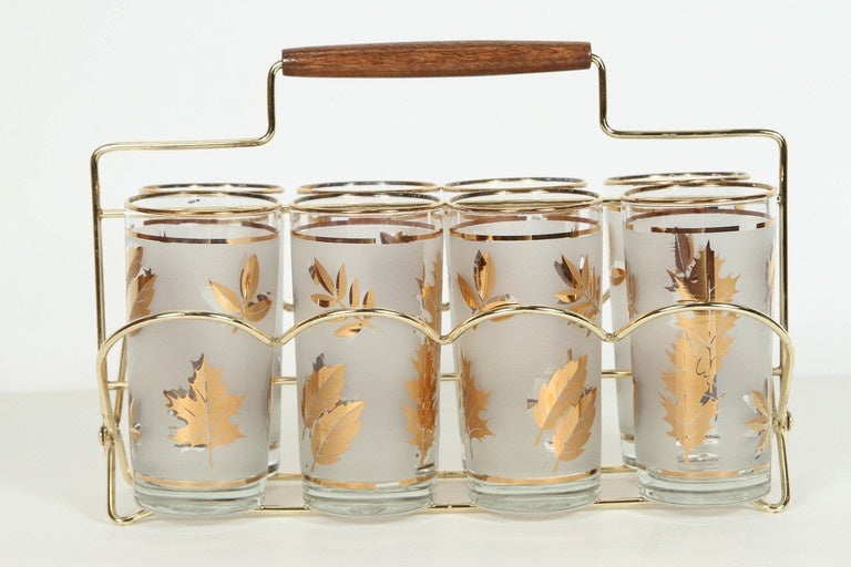 Mid-Century Modern Set of Eight Mid-Century Libbey Glasses in Brass Cart