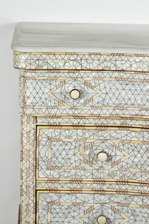 Arabian Syrian wedding chest of drawers. Fabulous Syrian art work, handcrafted white wedding dresser with 3 drawers, inlay with mother of pearl, shell and camel bone. Commode with Moorish arches and intricate Islamic and floral Ottoman designs.