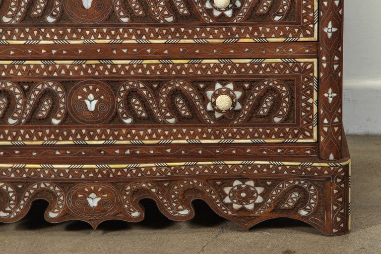 Middle Eastern Syrian wedding chest of drawers. Fabulous Syrian art work, handcrafted wedding dresser with 3 drawers, walnut inlay with mother of pearl, shell and bone. Moorish arches and intricate Islamic and floral Ottoman designs. Dowry chest of