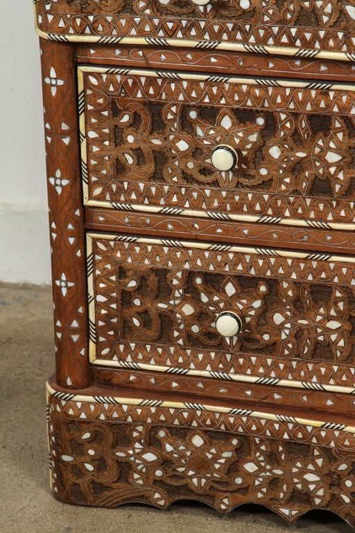 Middle Eastern Syrian wedding chest of drawers. Fabulous Syrian art work, handcrafted wedding dresser with 3 drawers, walnut inlay with mother-of-pearl, shell and bone. Moorish arches and intricate Islamic and floral designs. Dowry chest of drawers