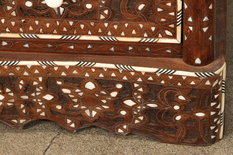 Middle Eastern Syrian wedding chest of drawers. Fabulous Syrian art work, handcrafted wedding dresser with 3 drawers, walnut inlay with mother of pearl, shell and bone. Moorish arches and intricate Islamic and floral ottoman designs. Dowry chest of