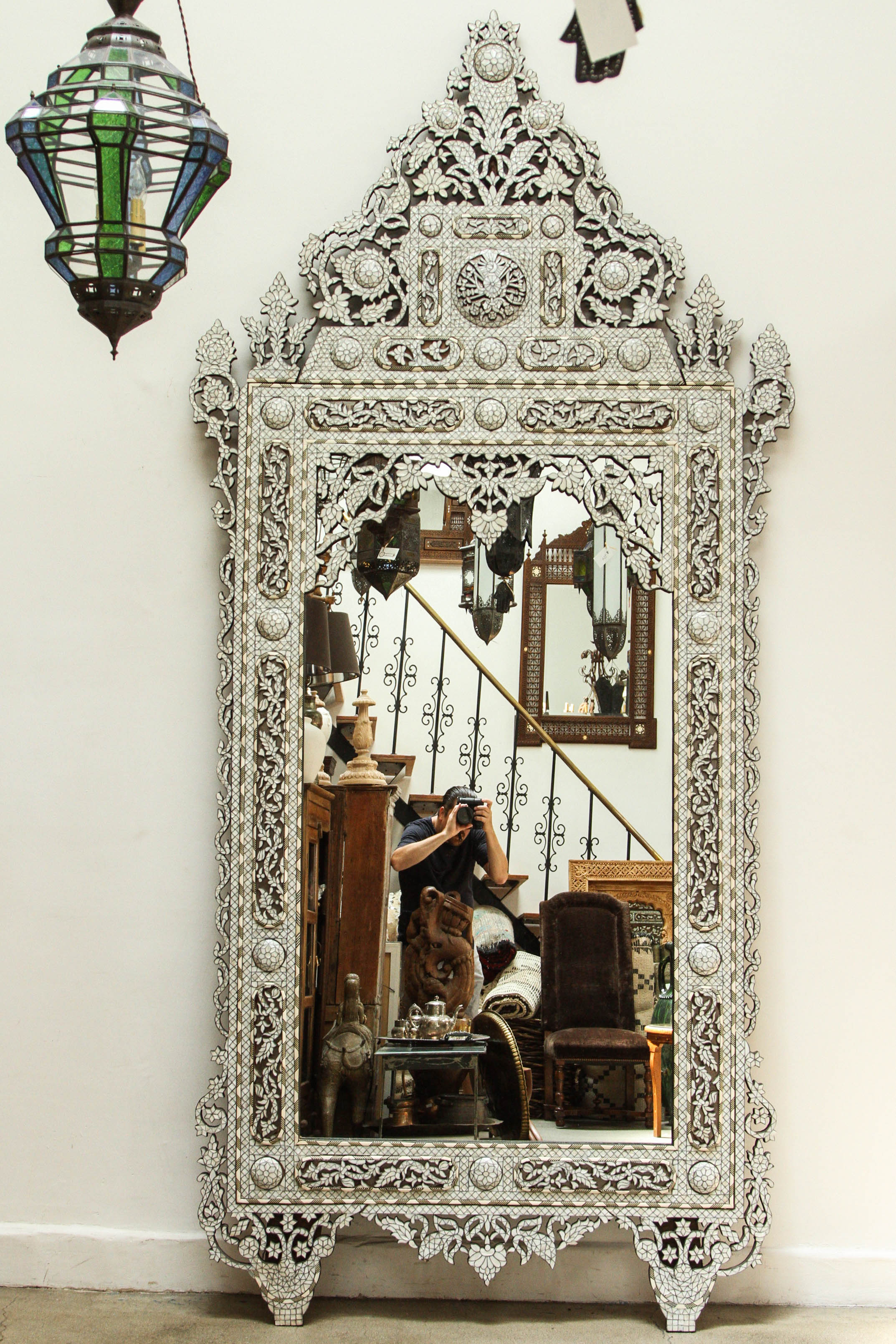 Syrian White Inlay Mirror, Late 20th century, 10ft Height