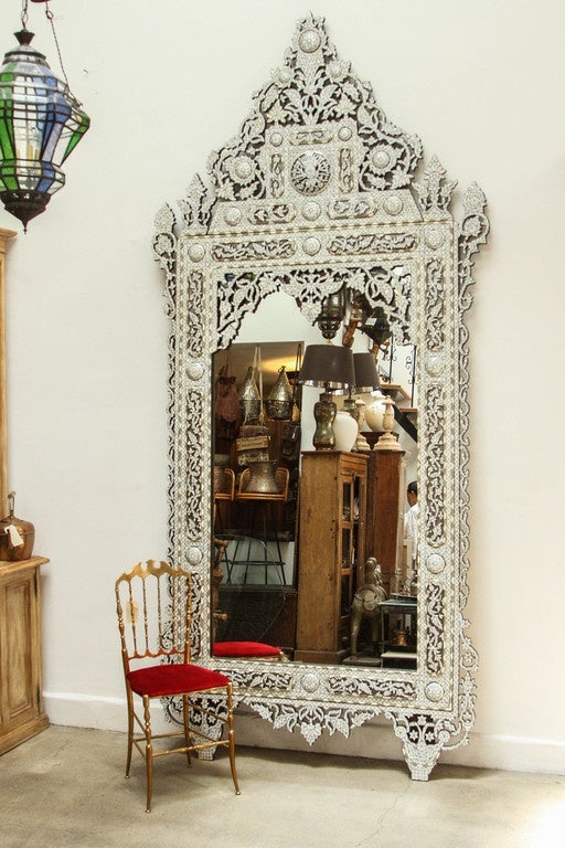 Syrian White Inlay Mirror, Late 20th century, 10ft Height In Excellent Condition In North Hollywood, CA
