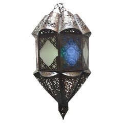 Moroccan Moorish Pierced Metal Lantern with Green & Frosted Glass, Marrakech