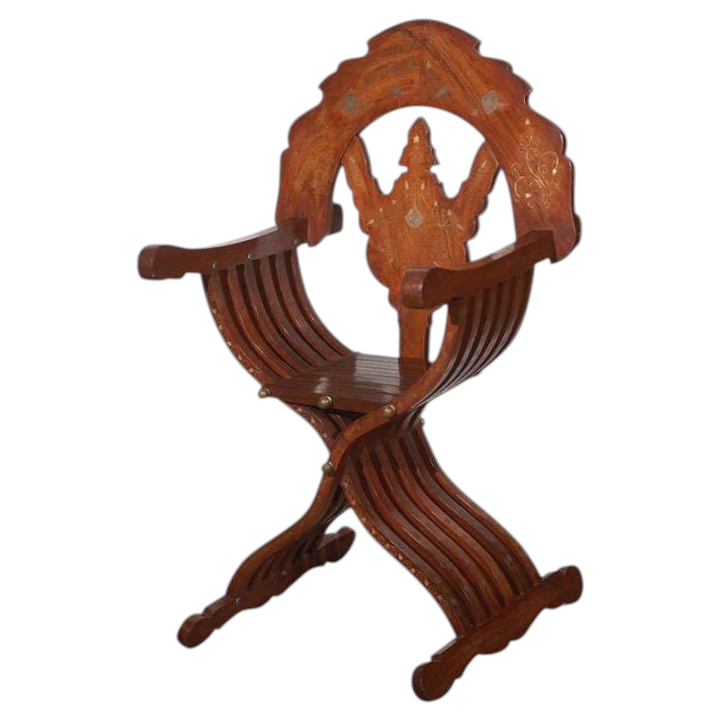 Moorish Anglo Indian Armchair, Brass Inlaid, Hand-Crafted, 1950, Syria