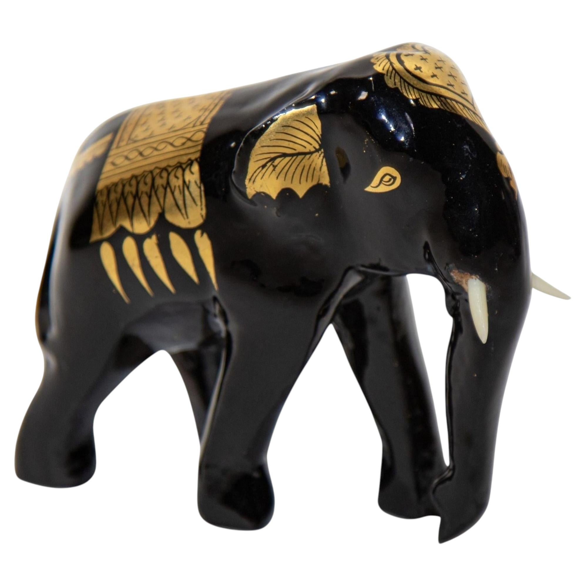 Hand-Carved Black and Gold Thai Elephant Sculpture from 1980
