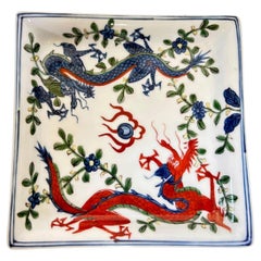 Vintage Chinese Porcelain Wucai Blue and Red Dragons Dish Catchall