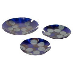 Vintage Sascha Brastoff Ashtrays Blue Metal Enameled Set of 3 Circa 1960's