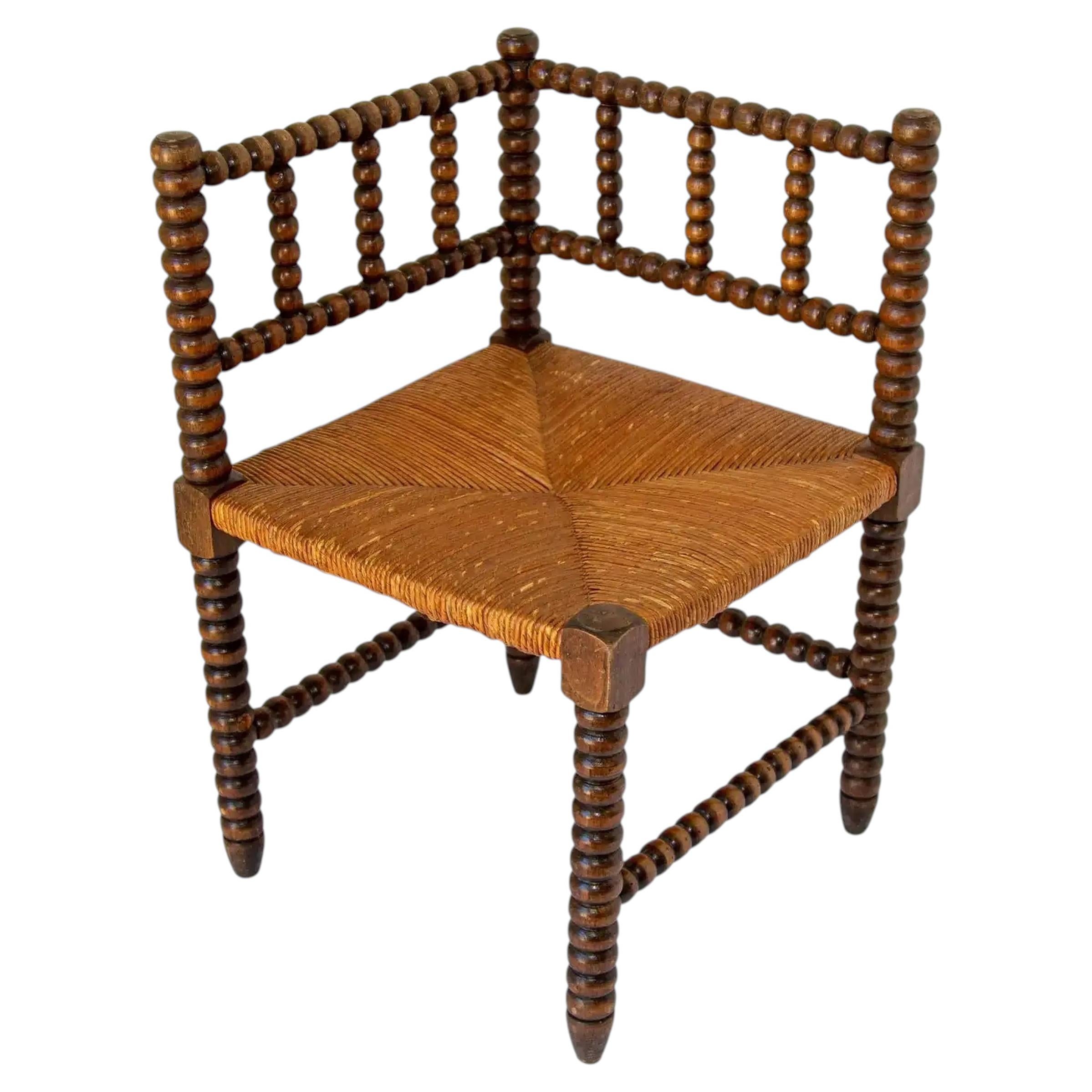 19th Century Antique French Bobbin Rush Corner Chair in Carved Oak