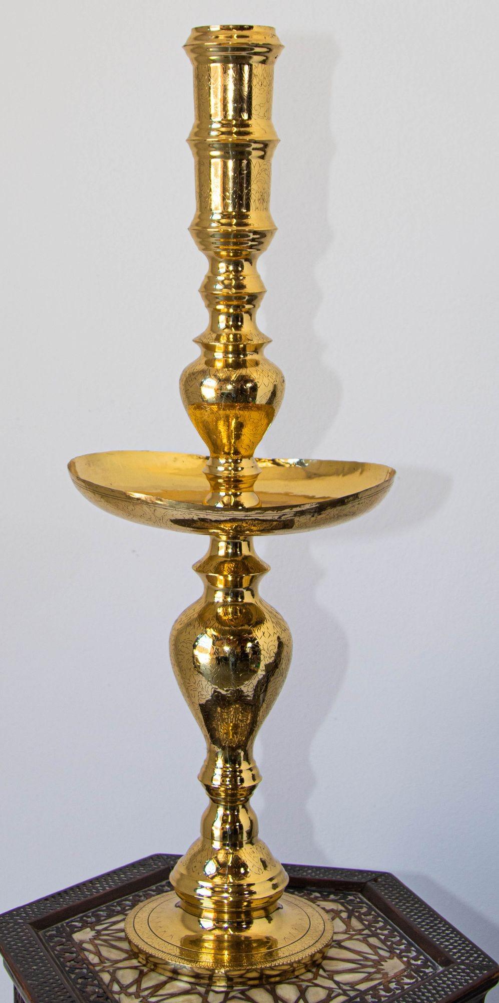 Moorish Vintage Polished Brass Moroccan Pillar Candle Holder For Sale