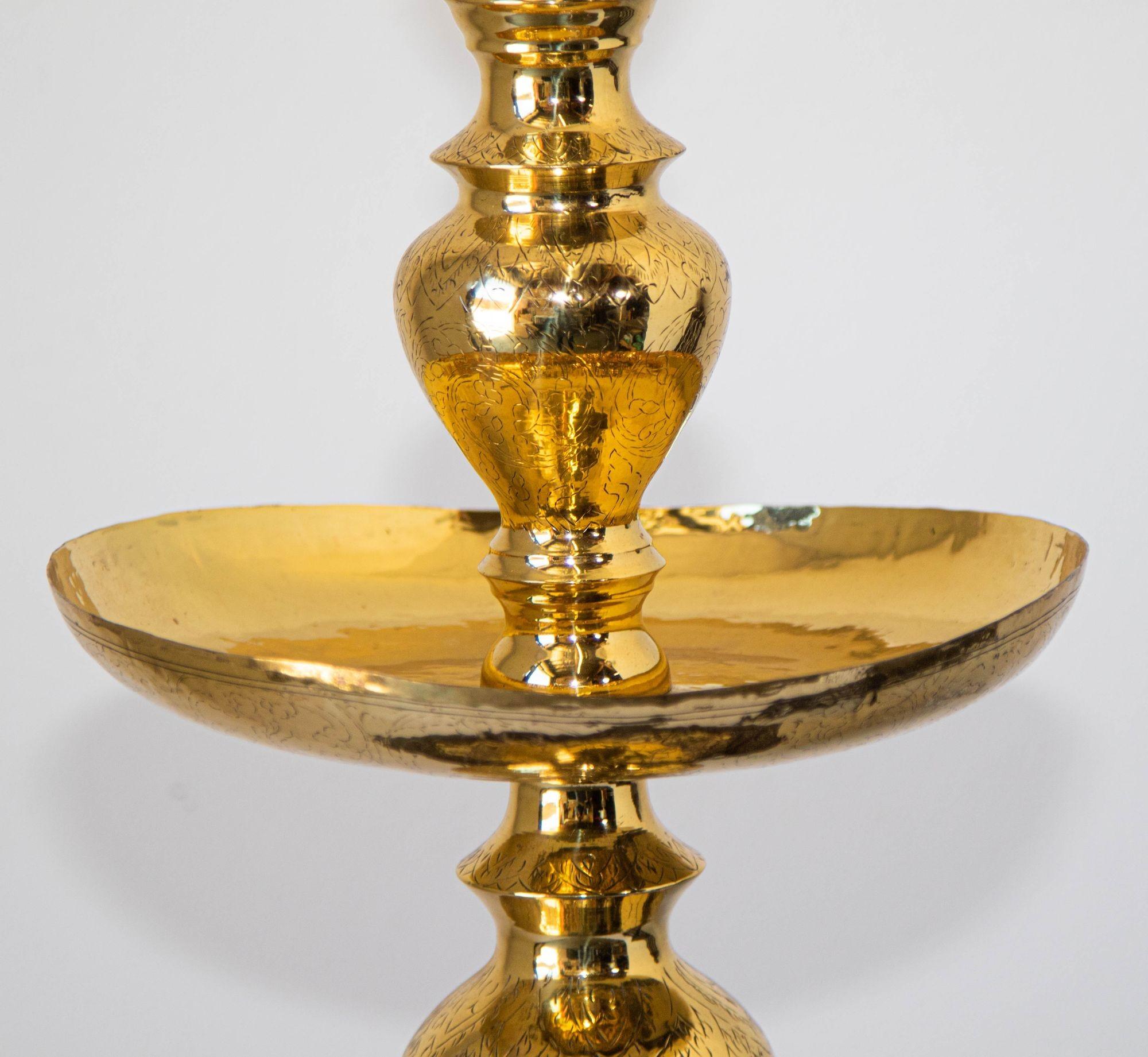 Moorish Vintage Polished Brass Moroccan Pillar Candle Holder For Sale