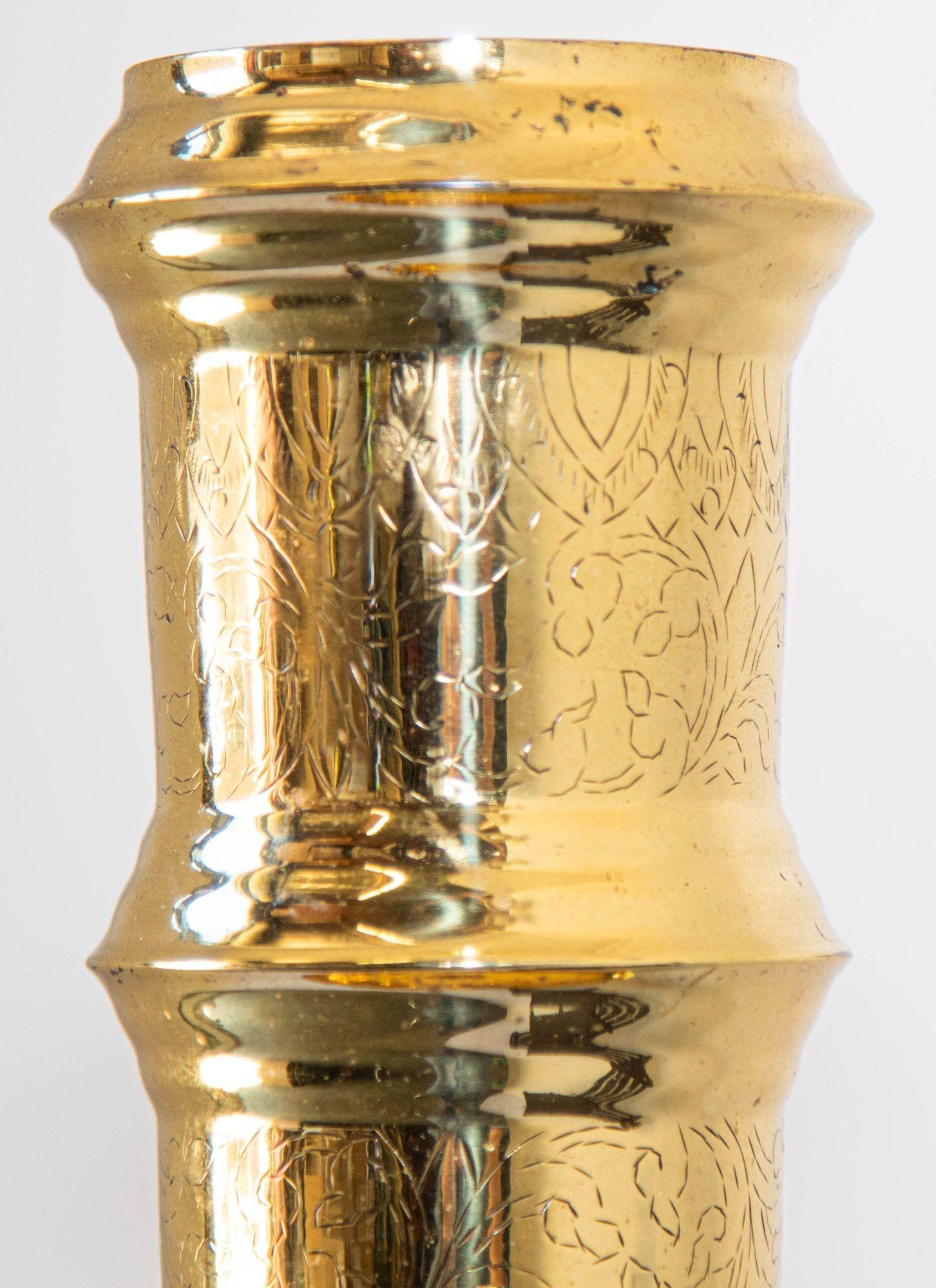20th Century Vintage Polished Brass Moroccan Pillar Candle Holder For Sale