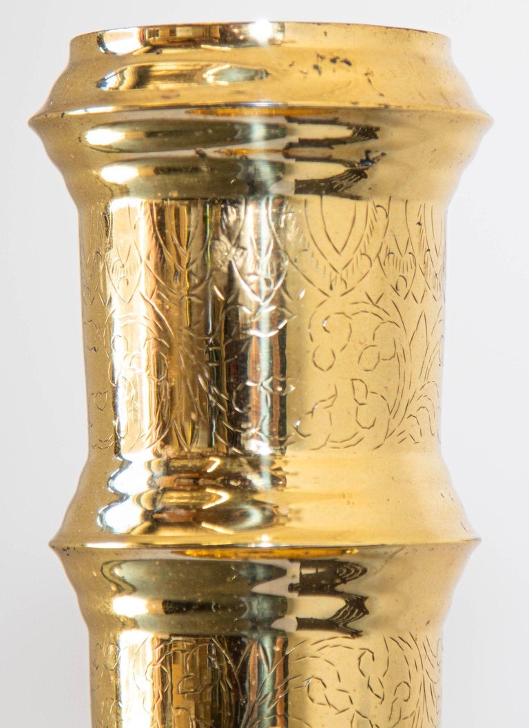 Vintage Polished Brass Moroccan Pillar Candle Holder For Sale at