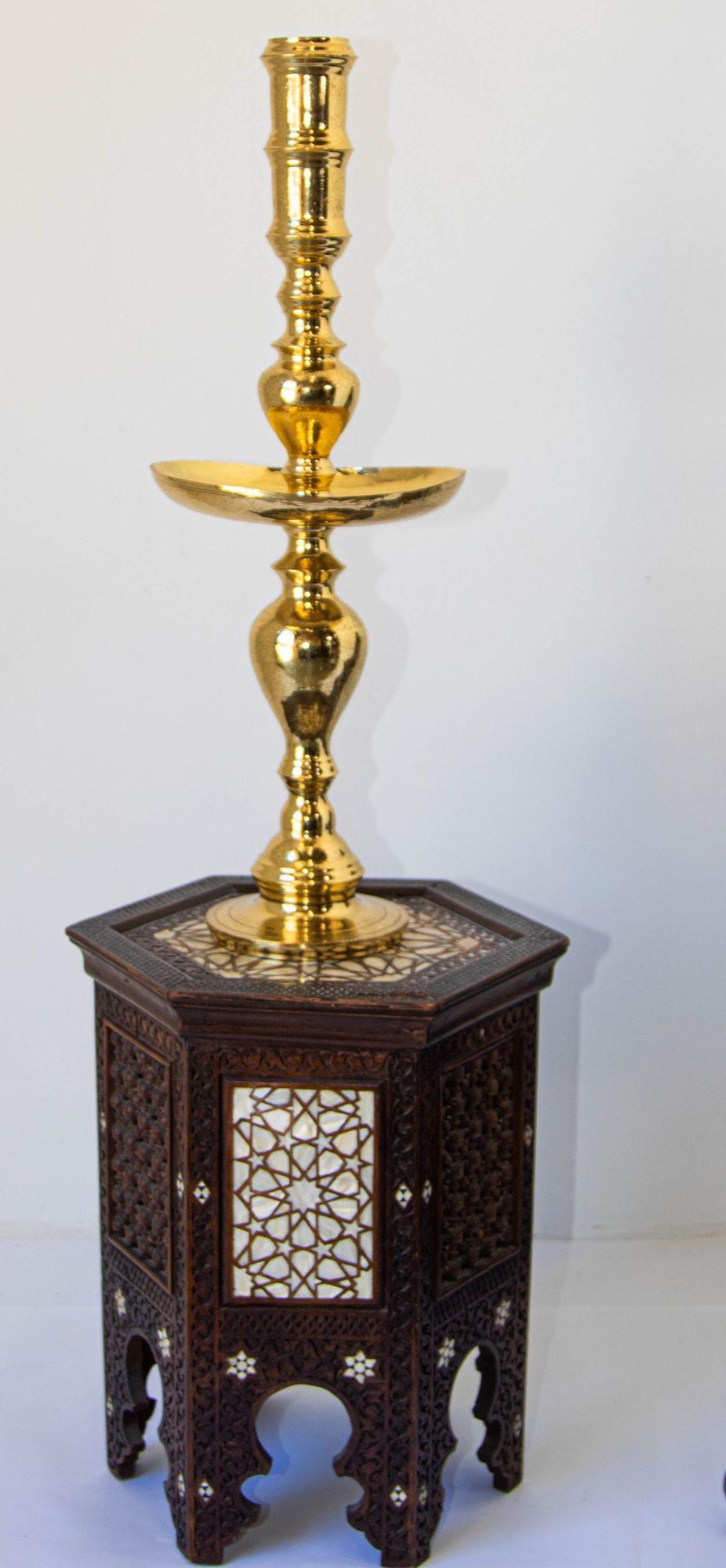 Vintage Polished Brass Moroccan Pillar Candle Holder For Sale 4