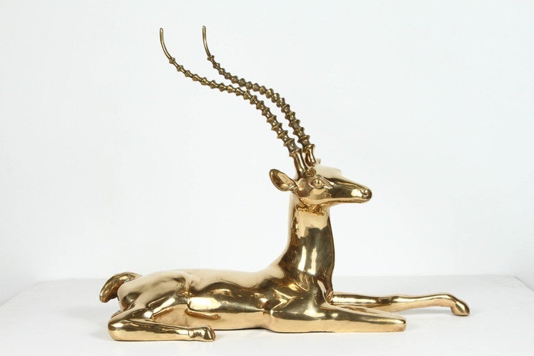 American Hollywood Regency Brass Resting Antelope Stag Large Sculpture