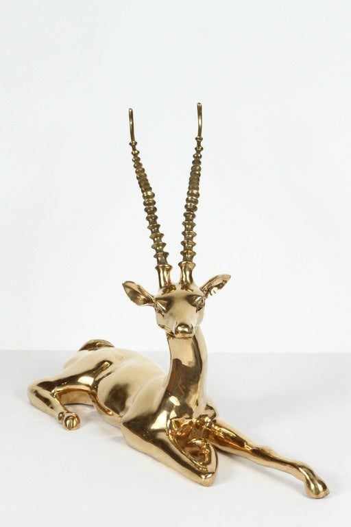 Hand-Crafted Hollywood Regency Brass Resting Antelope Stag Large Sculpture