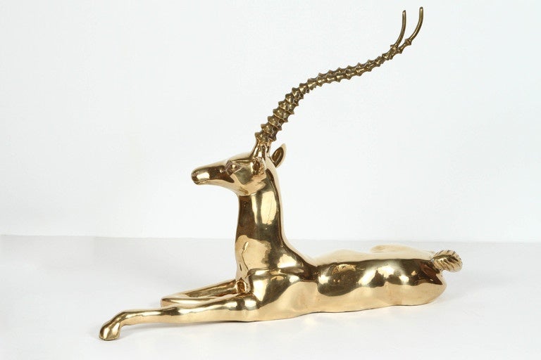Hollywood Regency Brass Resting Antelope Stag Large Sculpture In Good Condition In North Hollywood, CA