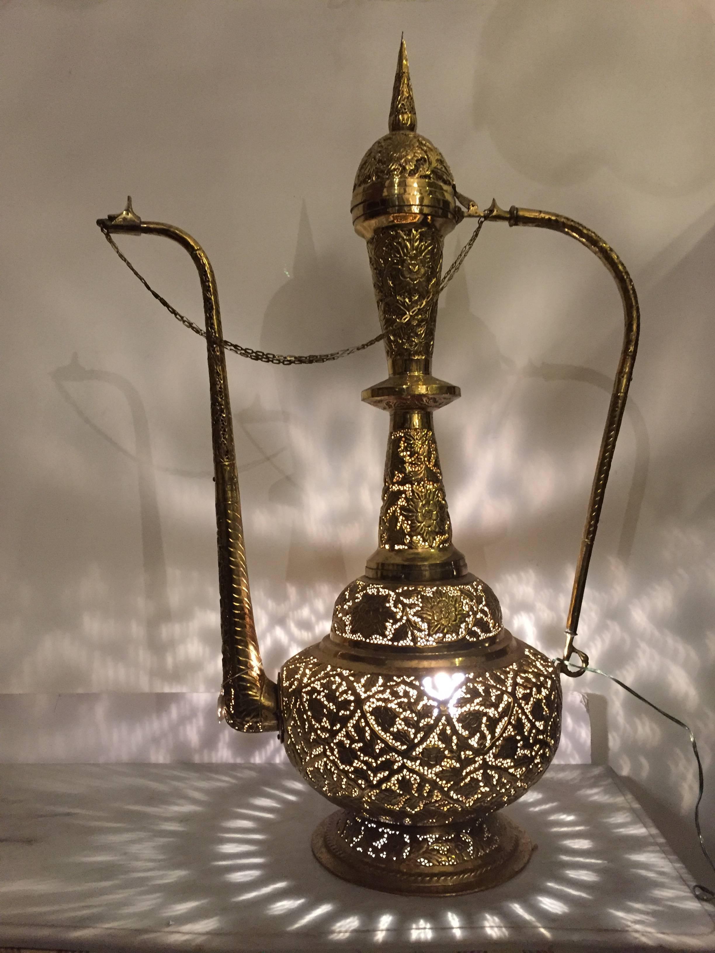 20th Century Oversized Tall Moorish Brass Middle Eastern Ewer Lamp