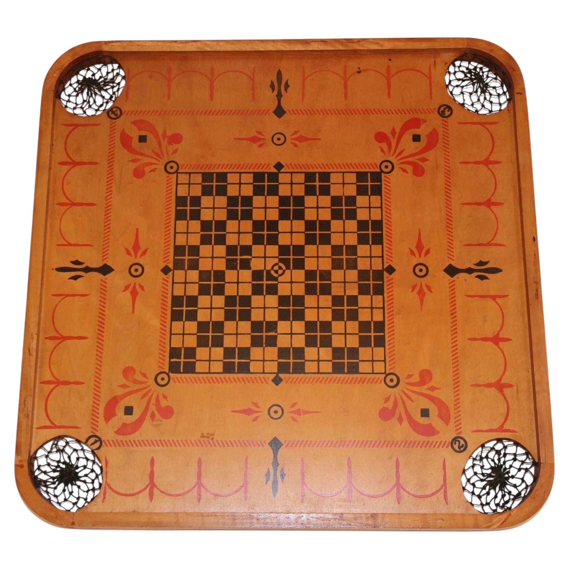 Tavola da gioco in legno d'epoca per Carrom, grande, bifacciale, n. 1, stile Archarena "E"