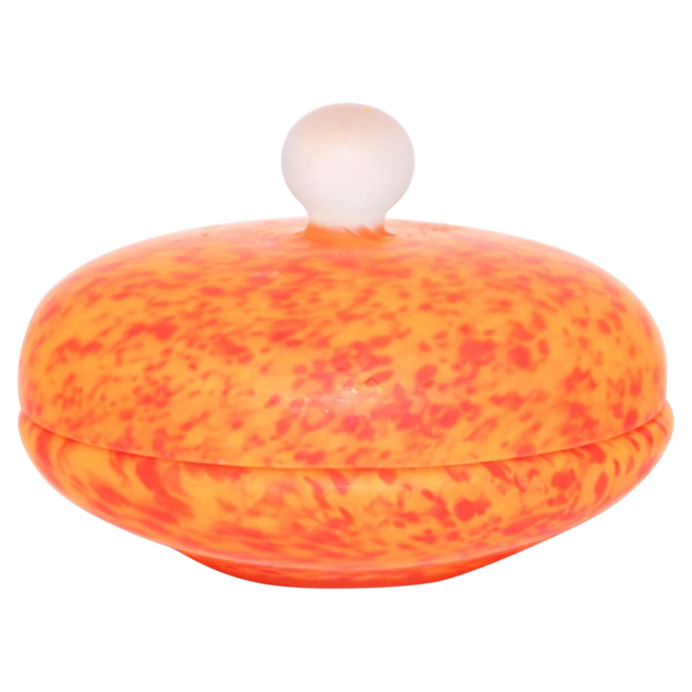 Vintage Venetian Murano Bright Orange Italian Art Glass Covered Bowl