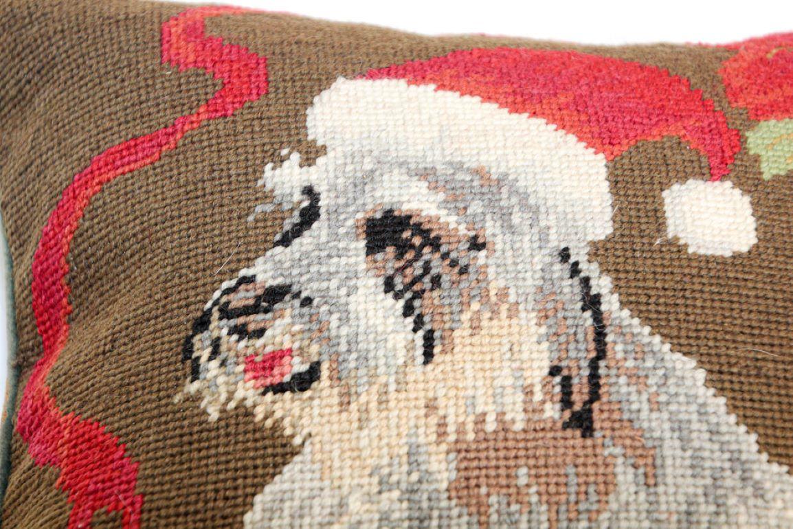 American Vintage Needlepoint Throw Pillow Christmas Holiday Dog Design