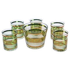 Vintage Culver Barware Cocktail Set Green and Gold Rock Glasses and Ice Bucket
