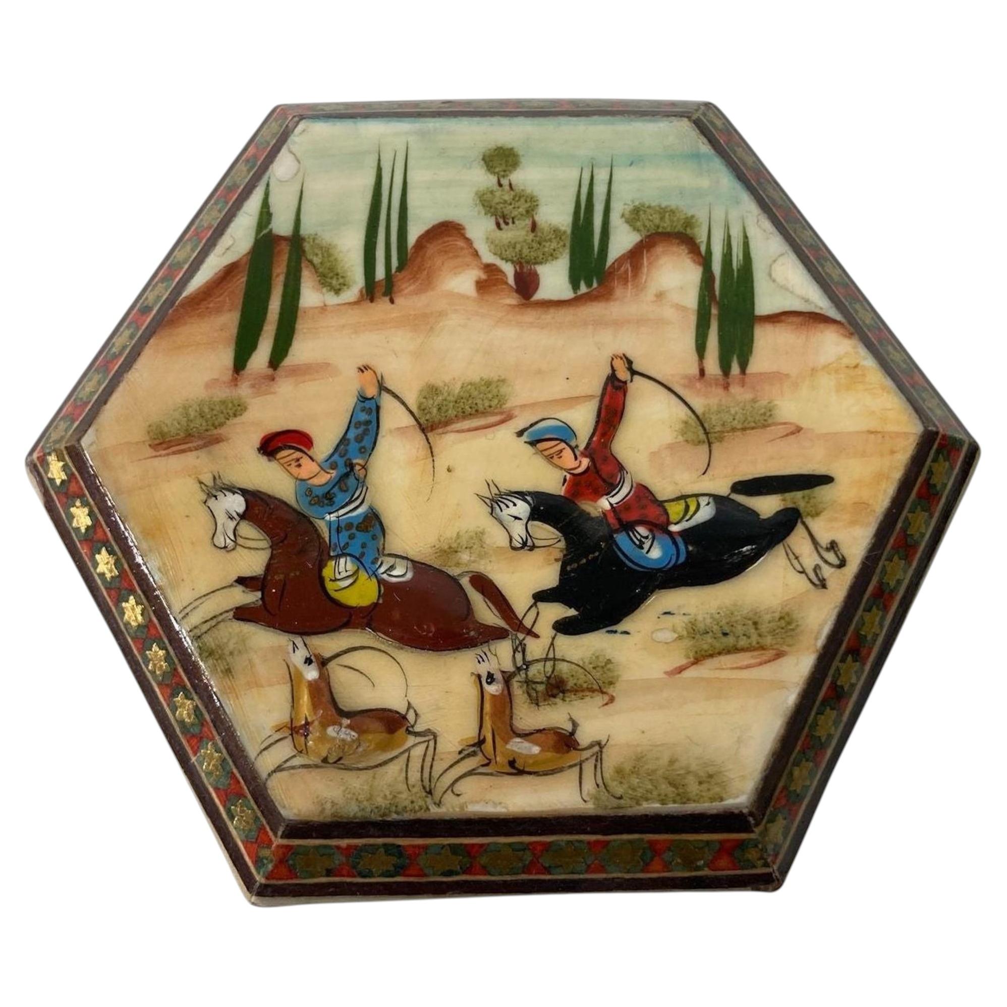 Caja de Baratijas Khatam Persa Vintage de Oriente Medio con Pintura Artística en Miniatura