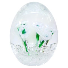 Italian Murano Hand Blown Art Glass Paperweight with White Flowers Fratelli Toso