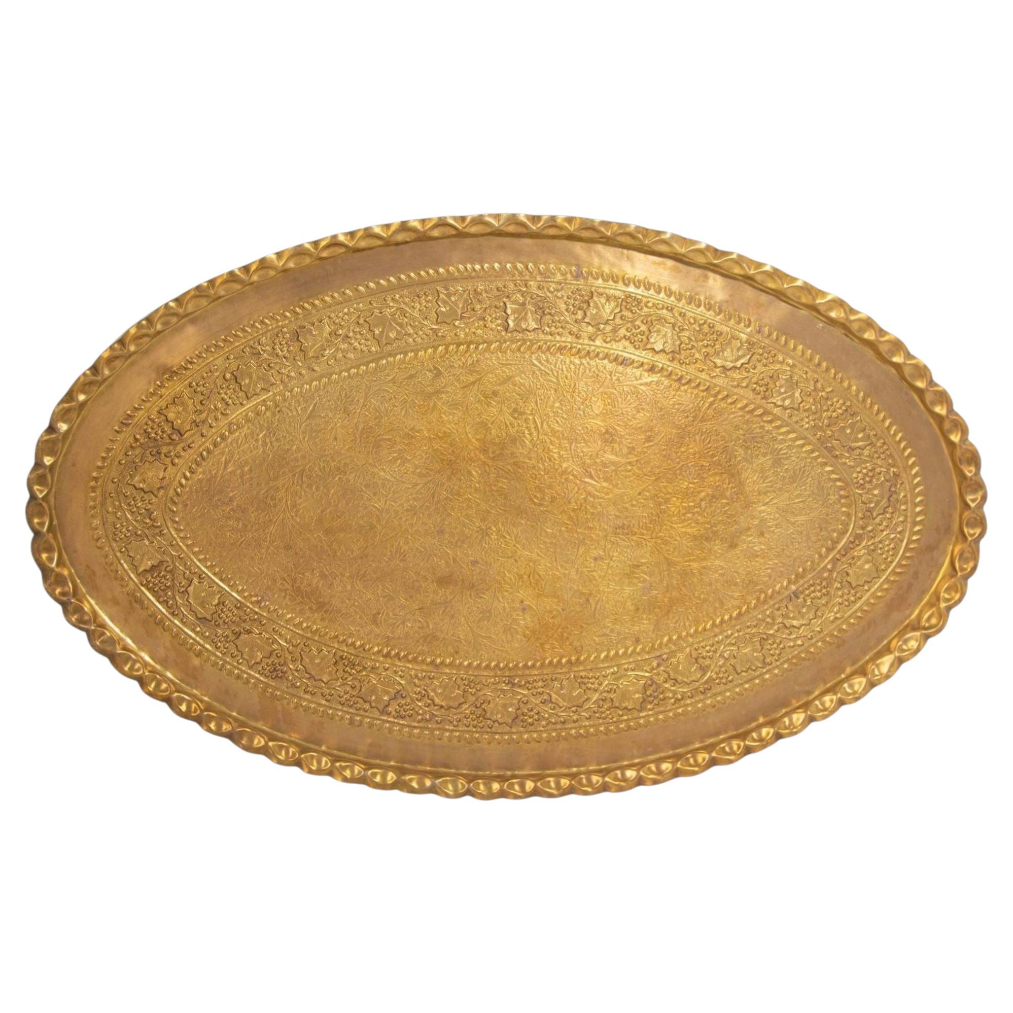 Massive Mid-Century Moroccan Brass Tray, Handcrafted, Oval, Circa 1950