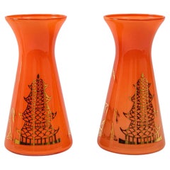 Oriental Vintage Orange Glass Vases with Gold Asian Pagodas Gay Fad Design