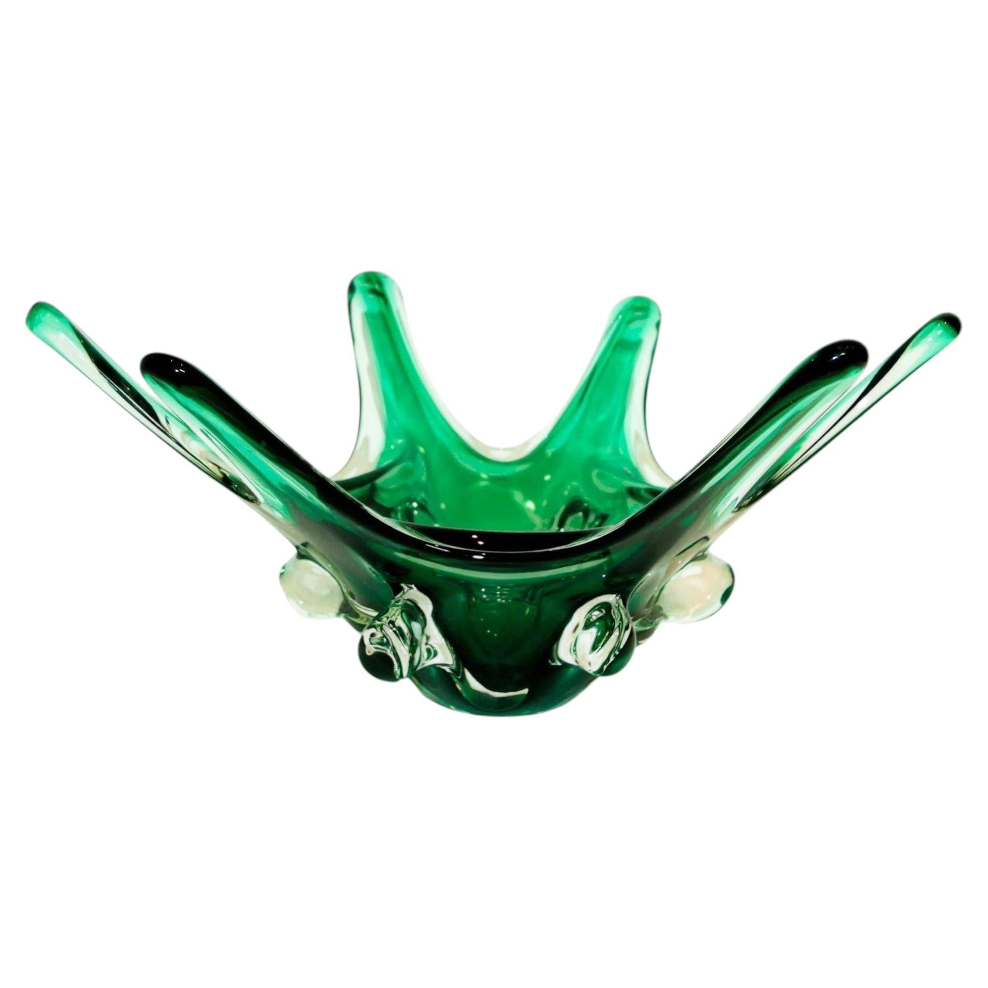 Murano Italian Art Glass Bowl Emerald Green Large Centerpiece circa 1950