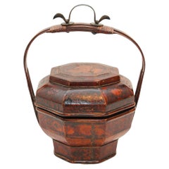 Vintage Wedding Chinese Basket Red Lacquer with Floral Frieze and Bird Motifs