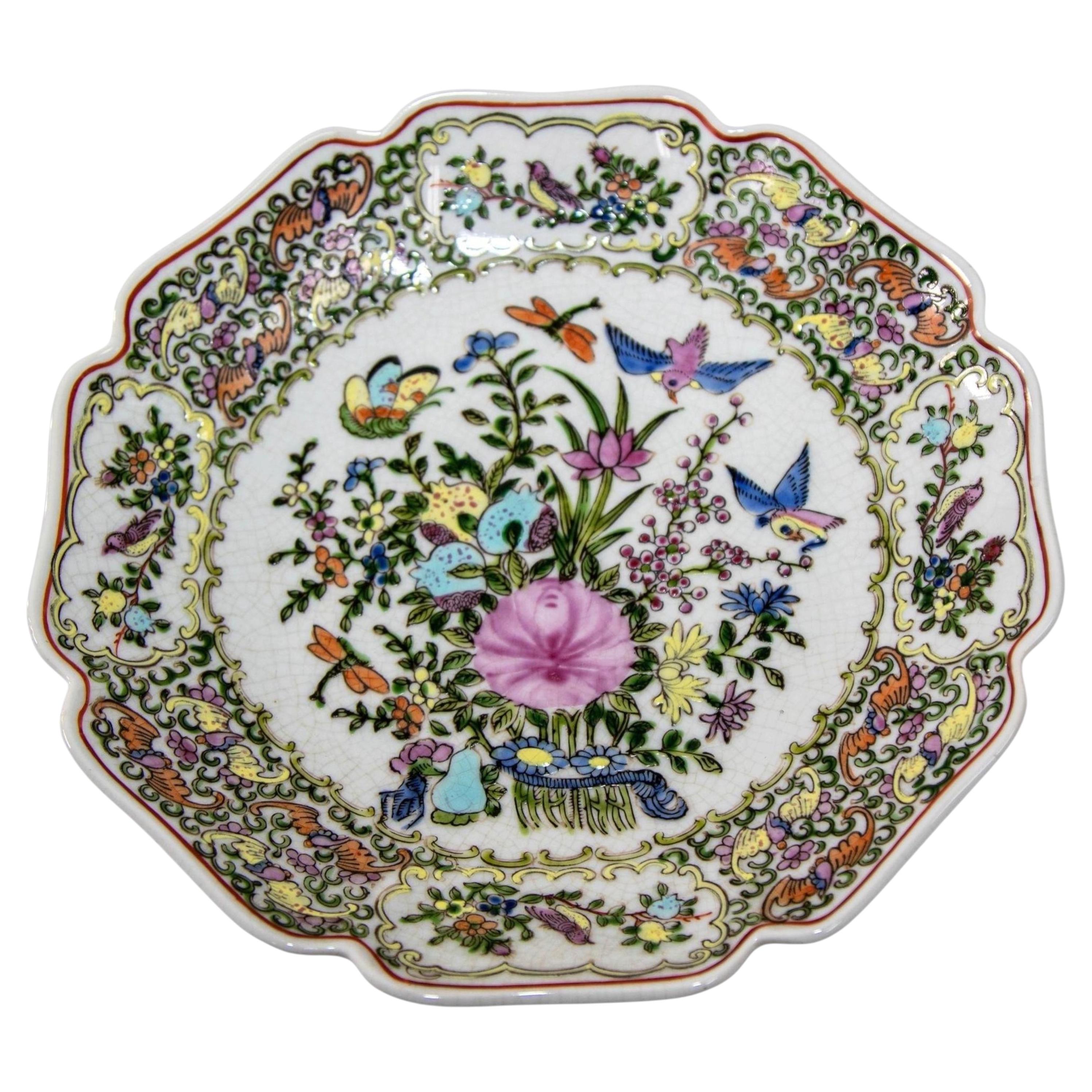 Vintage famille Rose Porcelain plate with birds and flowers hand painted decor