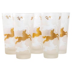 1950 Tumbler Frosted Drink Glasses Cavalcade by Libbey Galloping Horse Set of 5