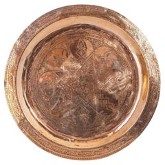 Antique Oversized Moroccan Metal Copper Tray 31 in Diameter