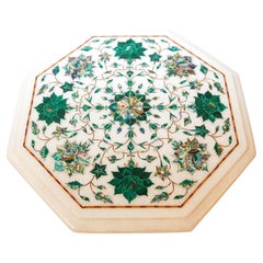 Pietra Dura White Mosaic Octagonal Inlaid Marble Top Handcrafted Agra India 1980