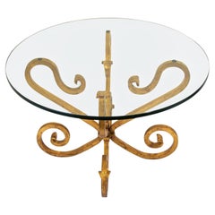 1950s Italian Hollywood Regency Round Gilded Wrought Iron and Glass Side Table