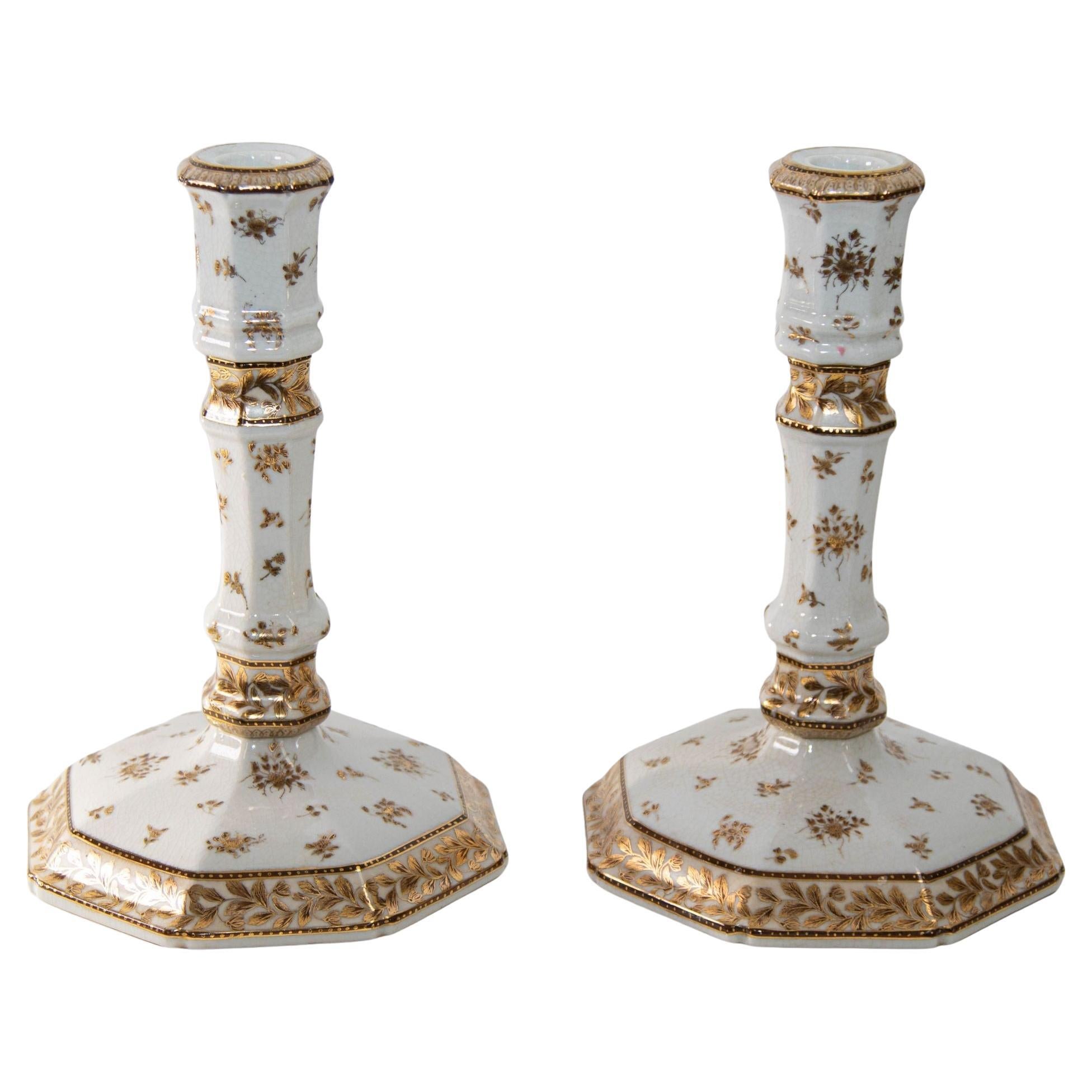 United Wilson Georgian Style Enameled Porcelain Gilded Candlesticks a Pair