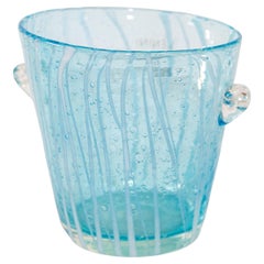 1970s Vintage Italian Murano Venini Venetian Art Glass Ice Bucket Blue and White