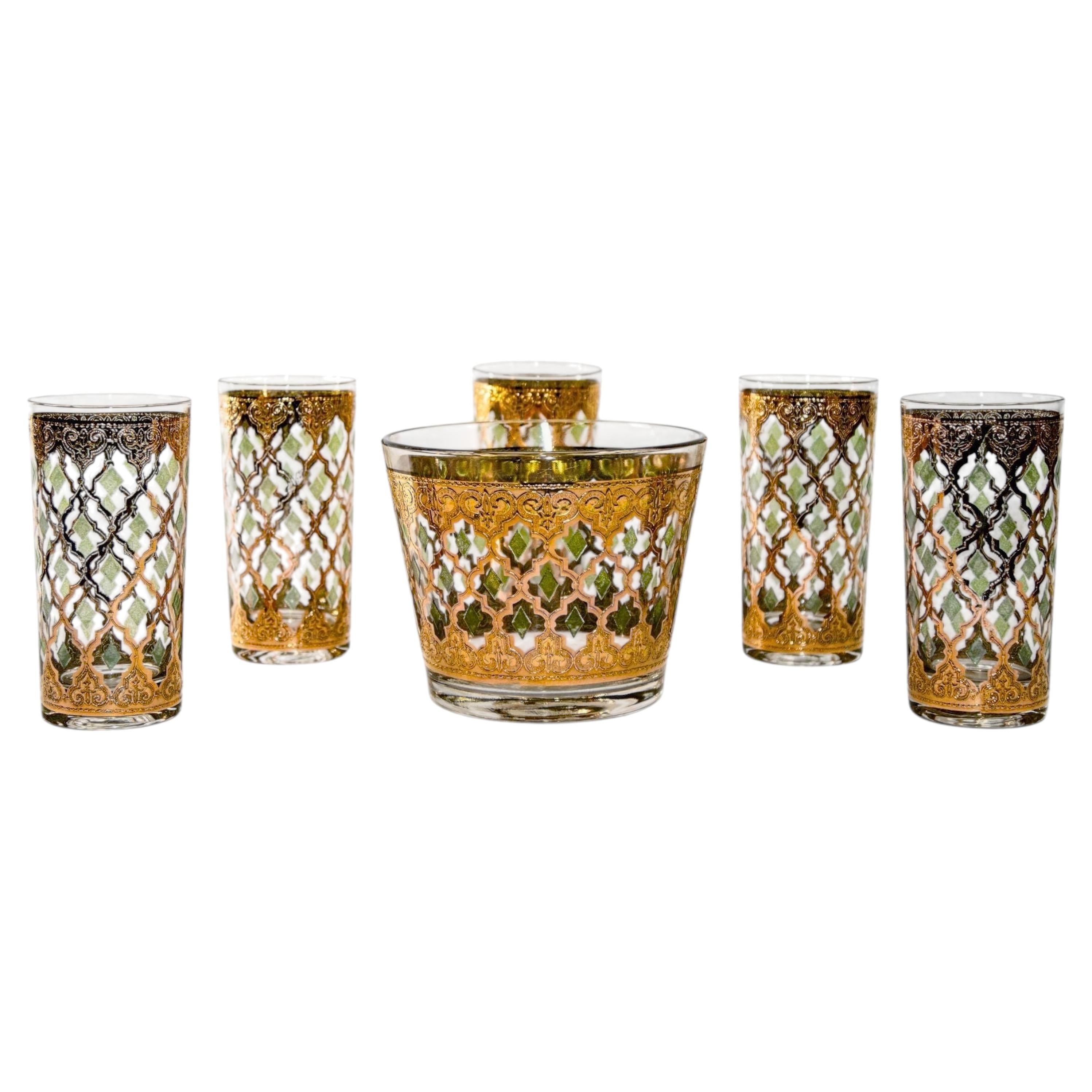 1960s Culver Ltd Highball Glasses and Ice Bucket 22 k Gold Valencia Design