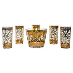 1960s Culver Ltd Highball Glasses and Ice Bucket 22 k Gold Valencia Design