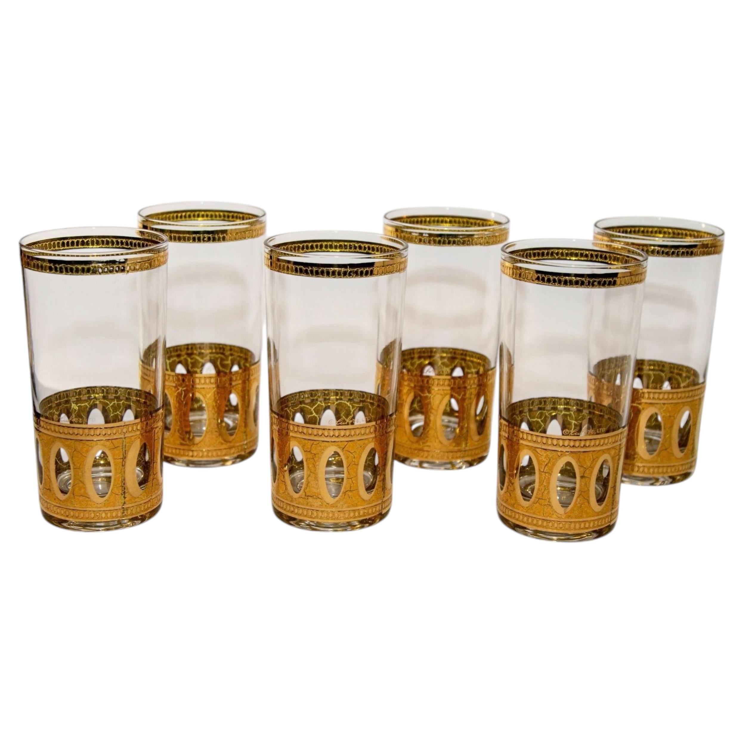 Ensemble de 6 verres Highball Culver Ltd avec or 22 carats Antigua 1950s