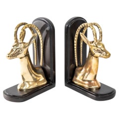 1950s Pair Art Deco Revival Polished Brass Gazelle Antelope Mount Bookends