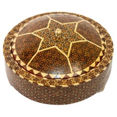 Persian Box Khatam Kari Footed Wooden Round Jewelry Vanity Trinket Moorish Box